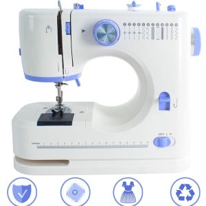 Sewing Machine for Beginners with 20 Pcs Fabric and 32 Pcs Sewing Threads Kit,Portable Sewing Machine with 12 Built-in Stitches,2 Speed(High-Low Speeds) - White Blue - 6