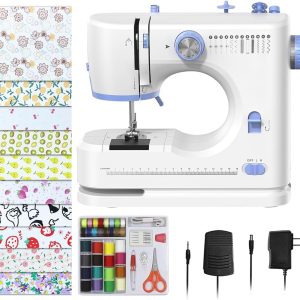 Sewing Machine for Beginners with 20Pcs Fabric & 32Pcs Sewing Threads Kit,Portable Sewing Machine with 12 Built-in Stitches & 2 Speed(High-Low Speeds) - Blue - 1