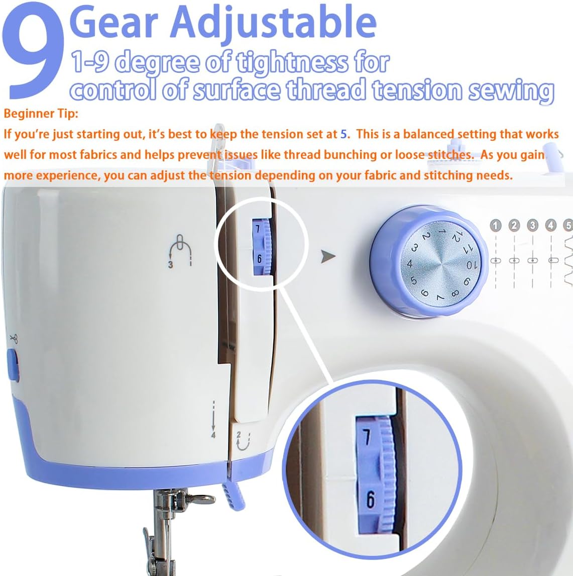 Sewing Machine for Beginners with 20Pcs Fabric & 32Pcs Sewing Threads Kit,Portable Sewing Machine with 12 Built-in Stitches & 2 Speed(High-Low Speeds) - Blue - 6