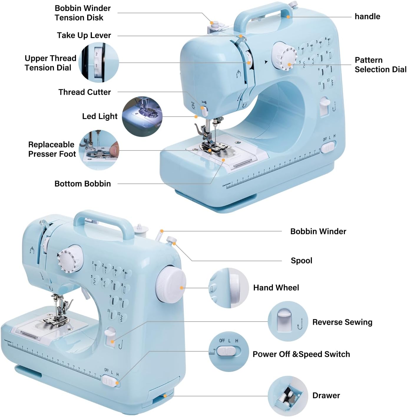 Sewing Machine for Beginners with Extension Table Mini Sewing Machines Kit Supplies 12 Built-in Stitches with Needles Assorted Thread Kit Starter Kit Easiest for Adult and Kids - 4