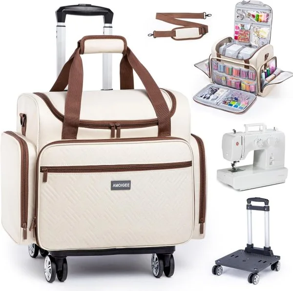AMOIGEE Rolling Sewing Machine Case with Detachable Dolly, Padded Sewing Machine Bag with Wheels, Travel Tote for Most Standard Machines, Storage Organizer fits Brother, Singer