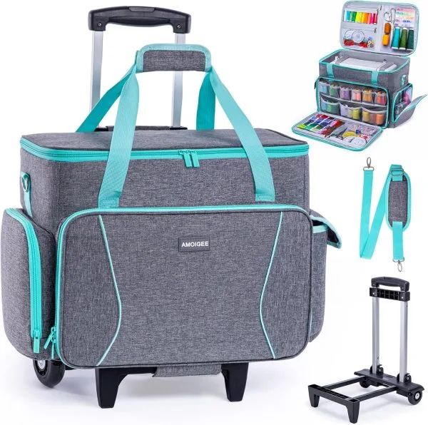 AMOIGEE Rolling Sewing Machine Case with Wheels – Sewing Machine Bag with Detachable Wheels Frame, Trolley Tote with Removable Padding,Fits Most Standard Machines Compatible with Singer,Brother,Janome