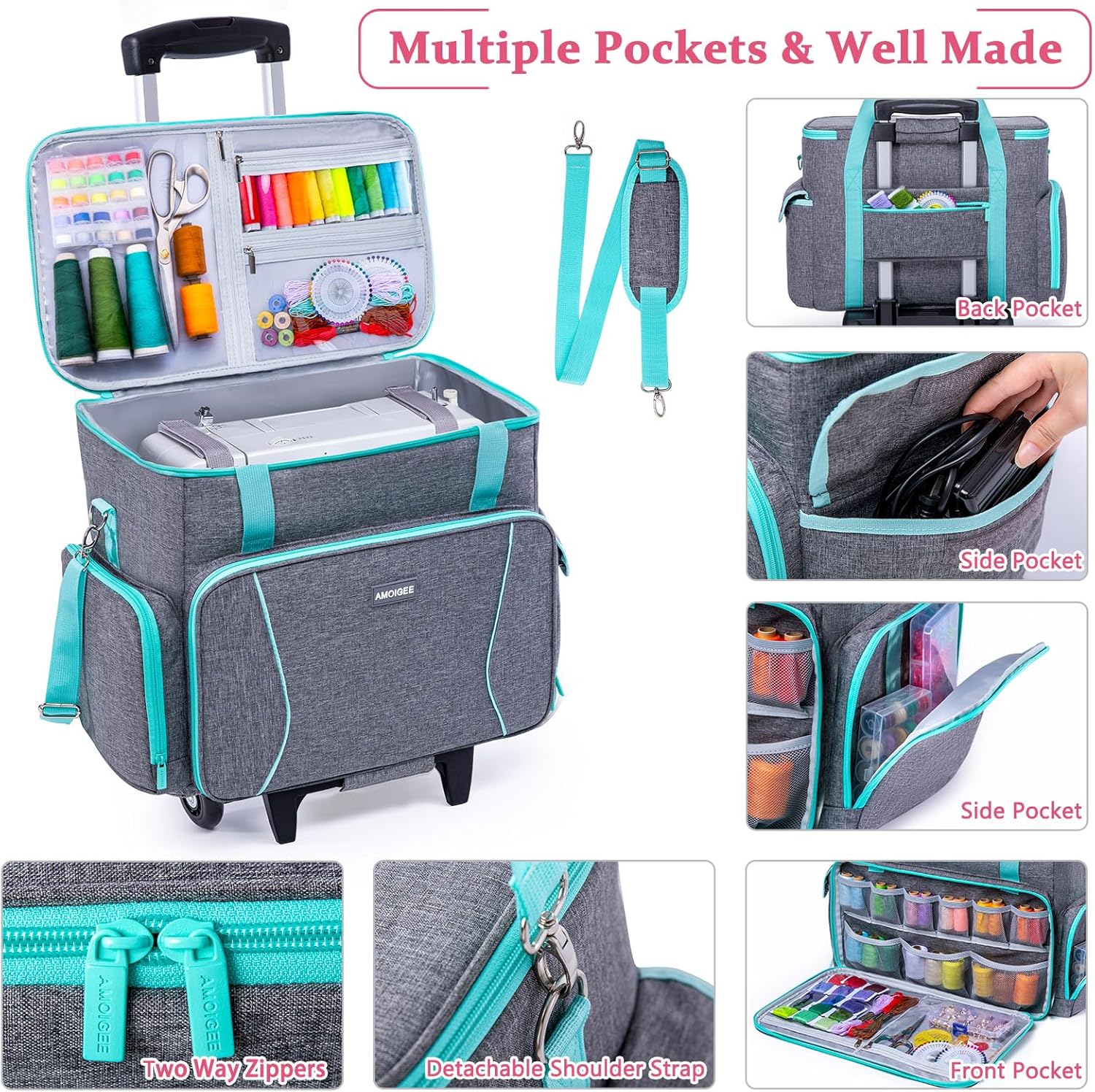 AMOIGEE Rolling Sewing Machine Case with Wheels – Sewing Machine Bag with Detachable Wheels Frame, Trolley Tote with Removable Padding - 5
