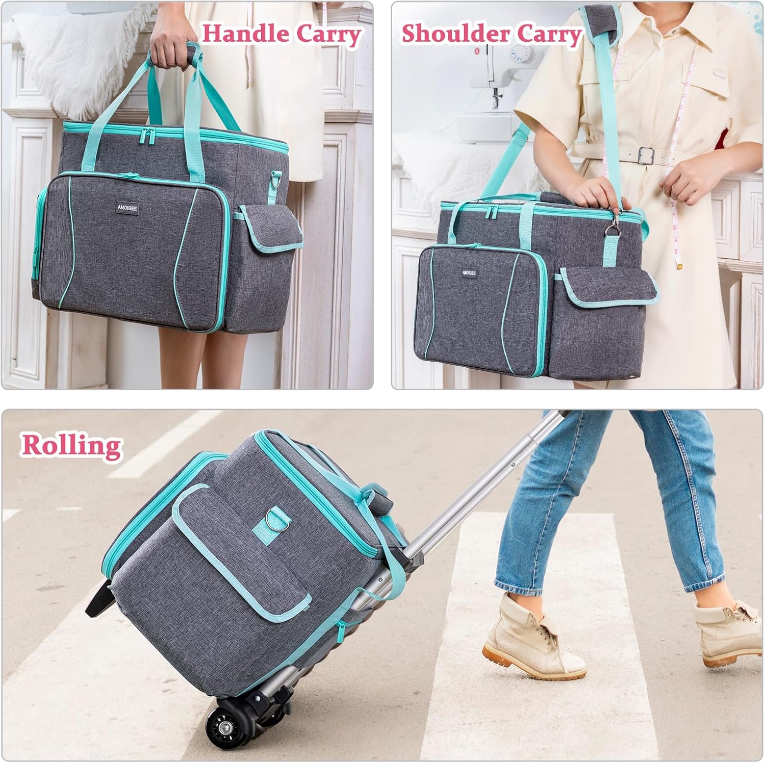 AMOIGEE Rolling Sewing Machine Case with Wheels – Sewing Machine Bag with Detachable Wheels Frame, Trolley Tote with Removable Padding - 6