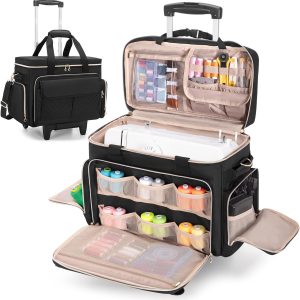 LUXJA Rolling Sewing Machine Case with Multiple Pockets, Sewing Machine Bag with Wheels and Detachable Shoulder Strap (Compatible with Most Standard Sewing Machines), Black - 1