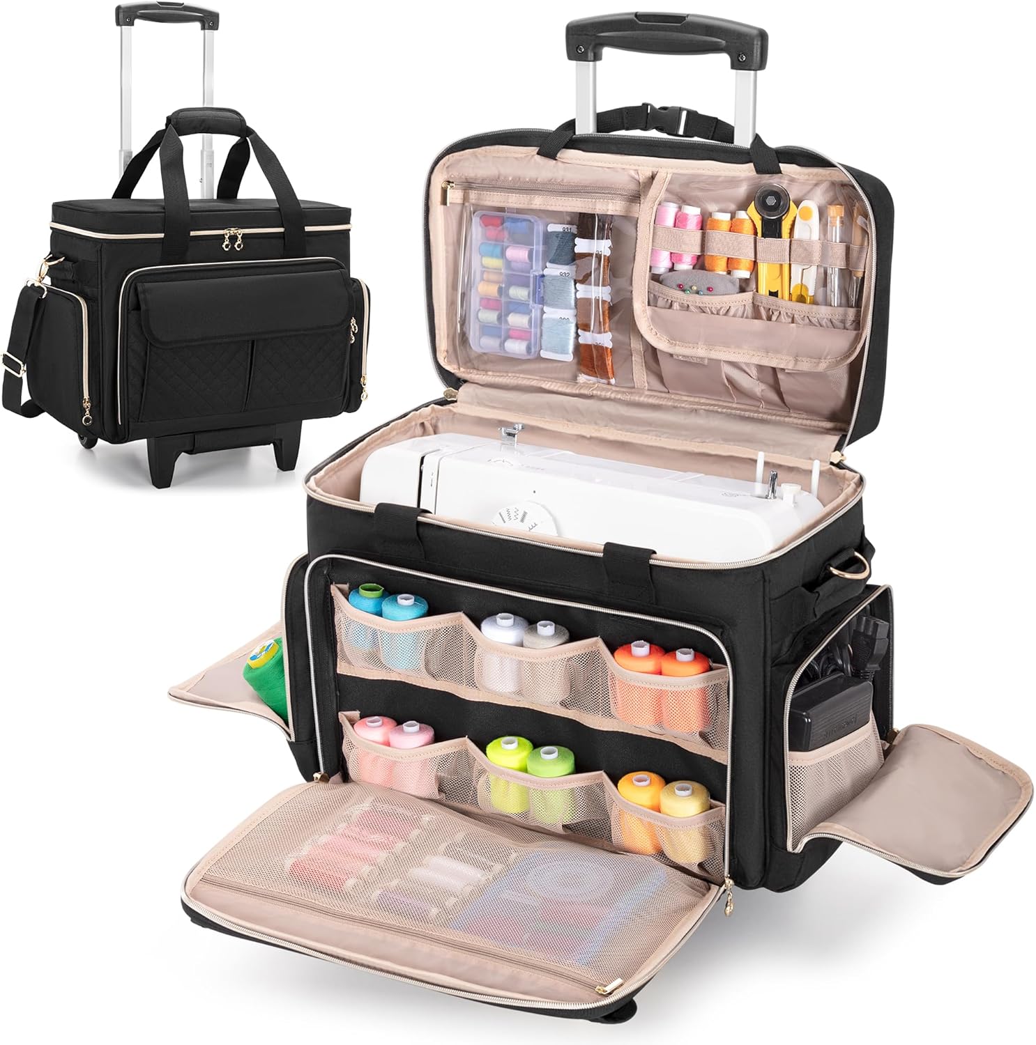 LUXJA Rolling Sewing Machine Case with Multiple Pockets, Sewing Machine Bag with Wheels and Detachable Shoulder Strap (Compatible with Most Standard Sewing Machines), Black - 1