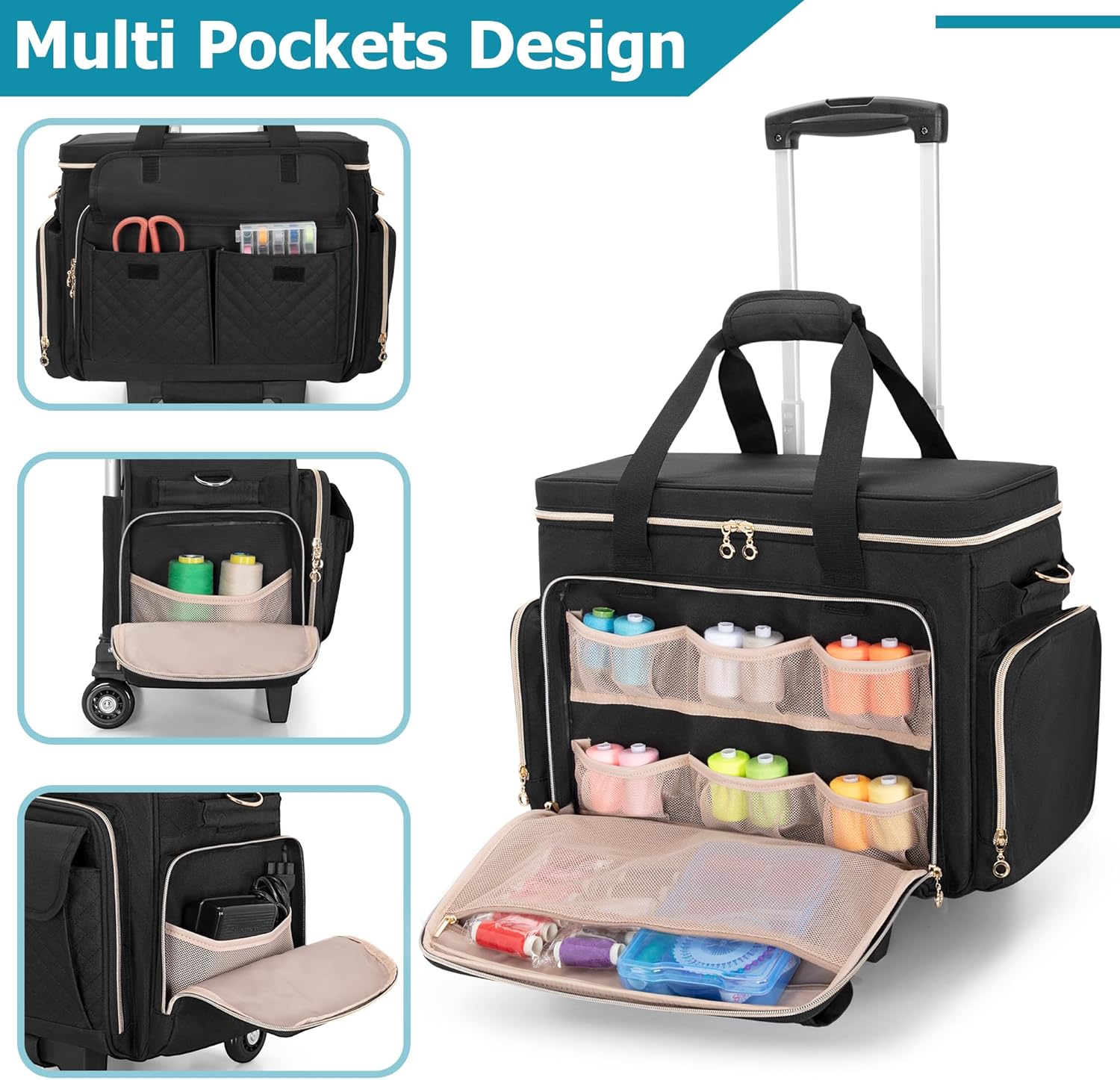 LUXJA Rolling Sewing Machine Case with Multiple Pockets, Sewing Machine Bag with Wheels and Detachable Shoulder Strap (Compatible with Most Standard Sewing Machines), Black - 4