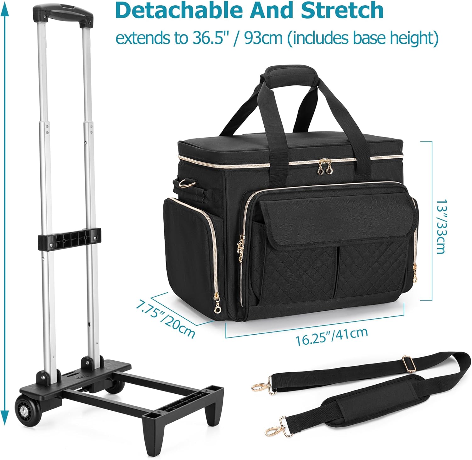 LUXJA Rolling Sewing Machine Case with Multiple Pockets, Sewing Machine Bag with Wheels and Detachable Shoulder Strap (Compatible with Most Standard Sewing Machines), Black - 5