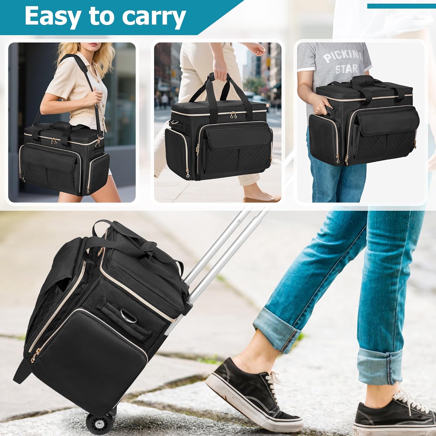 LUXJA Rolling Sewing Machine Case with Multiple Pockets, Sewing Machine Bag with Wheels and Detachable Shoulder Strap (Compatible with Most Standard Sewing Machines), Black - 6