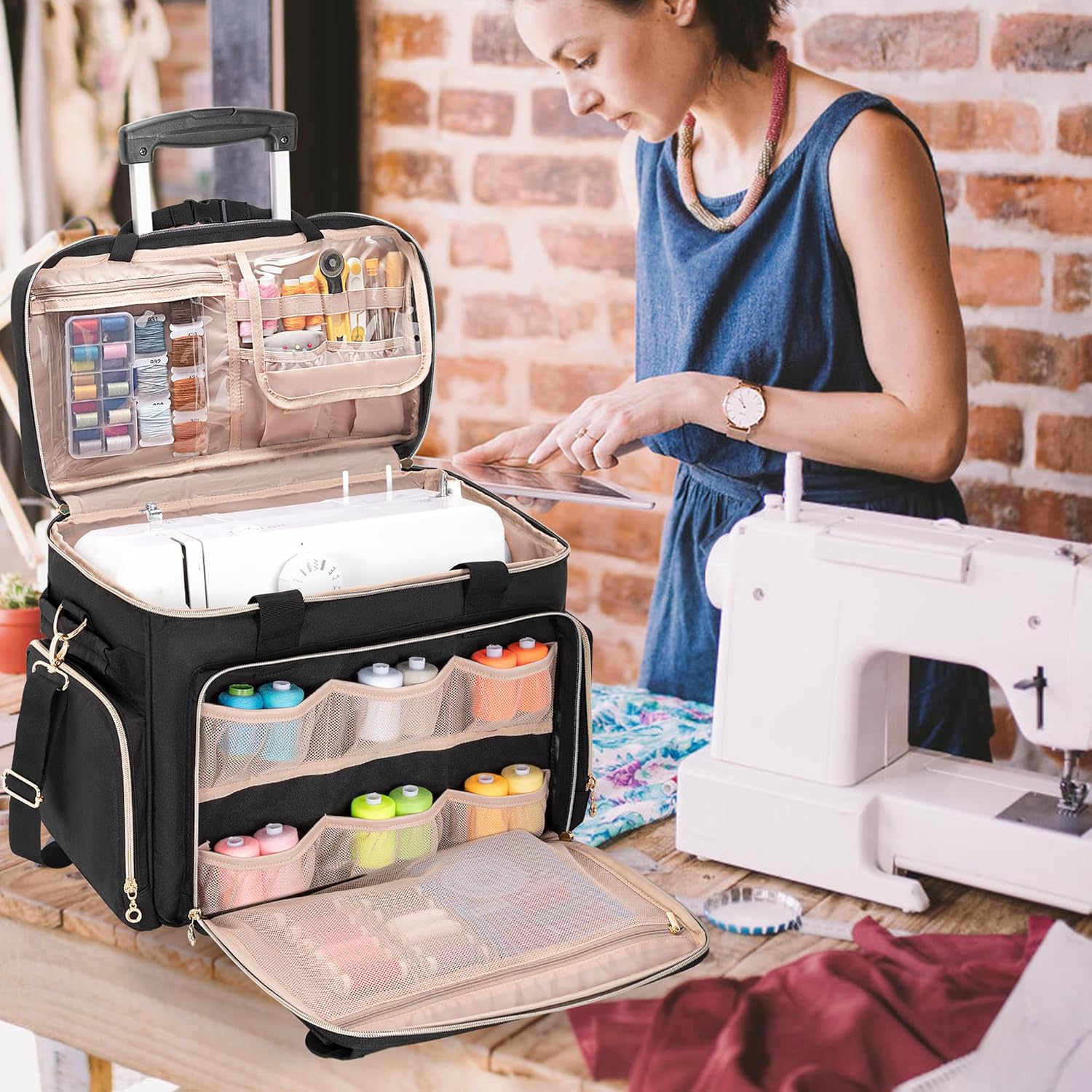 LUXJA Rolling Sewing Machine Case with Multiple Pockets, Sewing Machine Bag with Wheels and Detachable Shoulder Strap (Compatible with Most Standard Sewing Machines), Black - 7