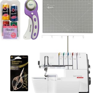 Bernette B68 Airlock Serger Sewing Machine - Adjustable Stitch Length, 1300SPM, LED Light, 5 Thread Options, Presser Foot Adjustment - Scissors, Rotary Cutter, Threads Bundle, Cutting Mat - 1