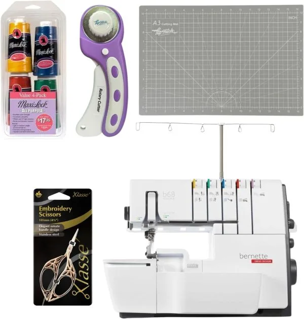 Bernette B68 Airlock Serger Sewing Machine | Adjustable Stitch Length, 1300SPM, LED Light, 5 Thread Options, Presser Foot Adjustment | Scissors, Rotary Cutter, Threads Bundle, Cutting Mat