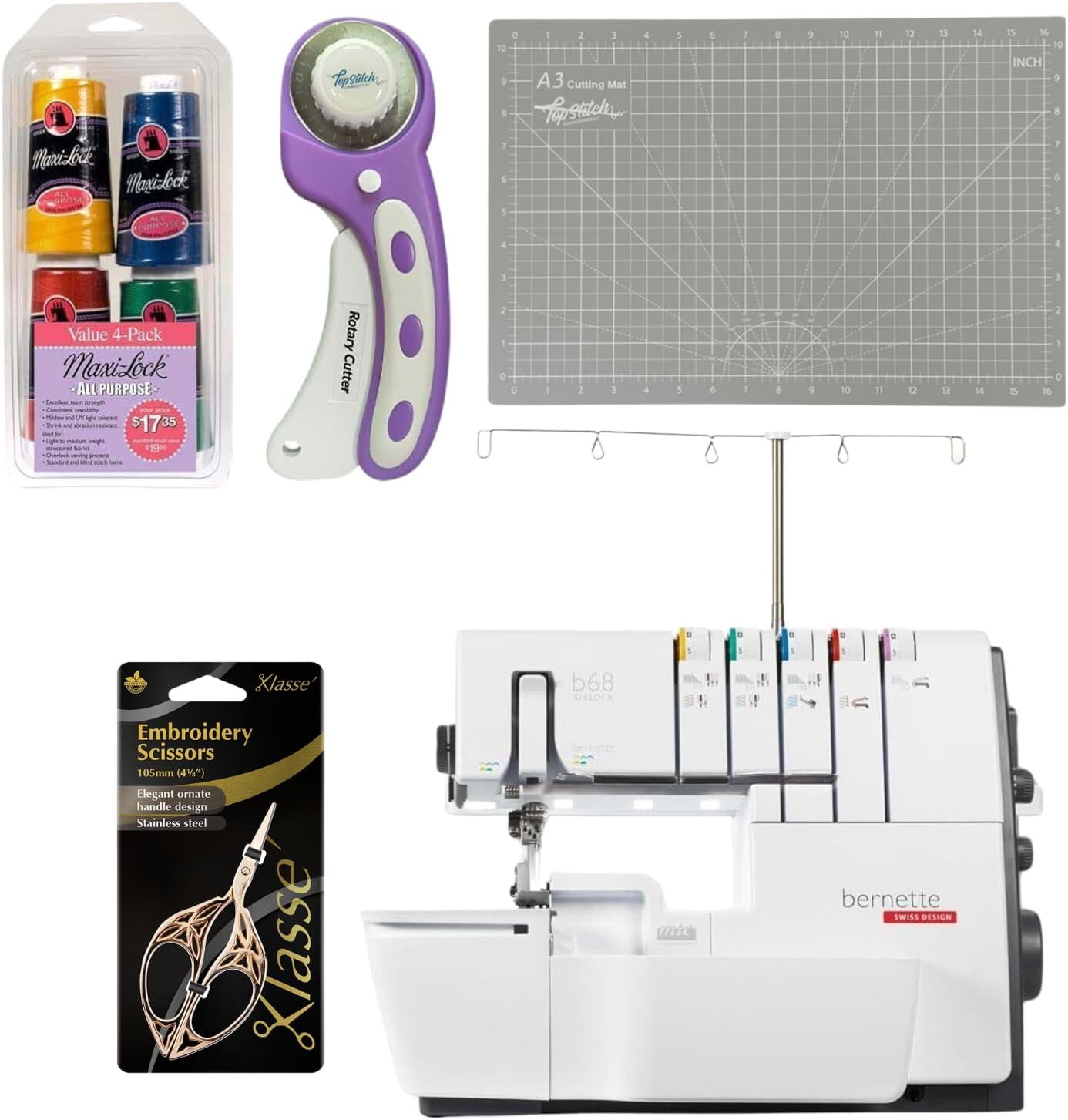 Bernette B68 Airlock Serger Sewing Machine - Adjustable Stitch Length, 1300SPM, LED Light, 5 Thread Options, Presser Foot Adjustment - Scissors, Rotary Cutter, Threads Bundle, Cutting Mat - 1