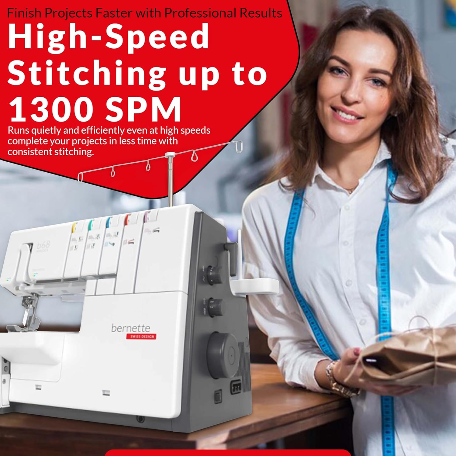 Bernette B68 Airlock Serger Sewing Machine - Adjustable Stitch Length, 1300SPM, LED Light, 5 Thread Options, Presser Foot Adjustment - Scissors, Rotary Cutter, Threads Bundle, Cutting Mat - 7