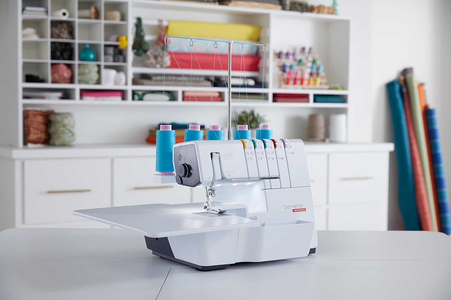 Bernette B68 Airlock Serger Sewing Machine - Adjustable Stitch Length, 1300SPM, LED Light, 5 Thread Options, Presser Foot Adjustment - Scissors, Rotary Cutter, Threads Bundle, Cutting Mat - 9