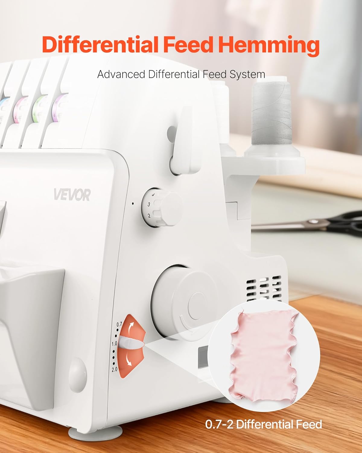 VEVOR Serger Overlock Sewing Machine, 1250 Stitches Per Minute, 2-3-4 Thread Capability, 0.7-2 Adjustable Differential Feed, with Free Arm and LED Light, Sewing Machine - 3