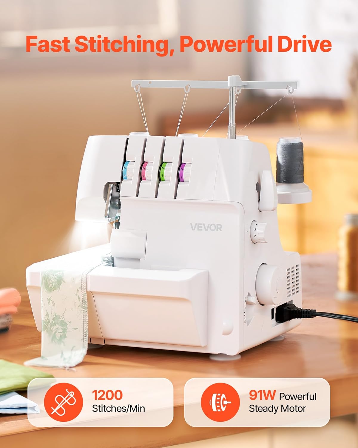 VEVOR Serger Overlock Sewing Machine, 1250 Stitches Per Minute, 2-3-4 Thread Capability, 0.7-2 Adjustable Differential Feed, with Free Arm and LED Light, Sewing Machine - 6