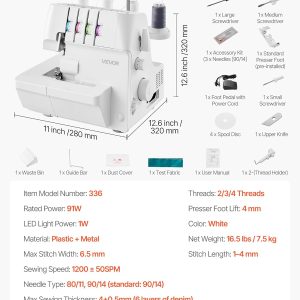 VEVOR Serger Overlock Sewing Machine, 1250 Stitches Per Minute, 2-3-4 Thread Capability, 0.7-2 Adjustable Differential Feed, with Free Arm and LED Light, Sewing Machine - 8