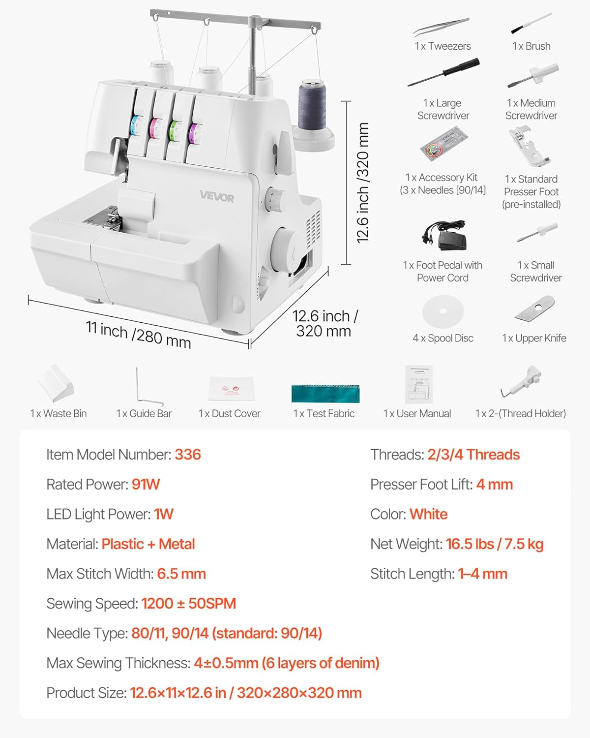 VEVOR Serger Overlock Sewing Machine, 1250 Stitches Per Minute, 2-3-4 Thread Capability, 0.7-2 Adjustable Differential Feed, with Free Arm and LED Light, Sewing Machine - 8