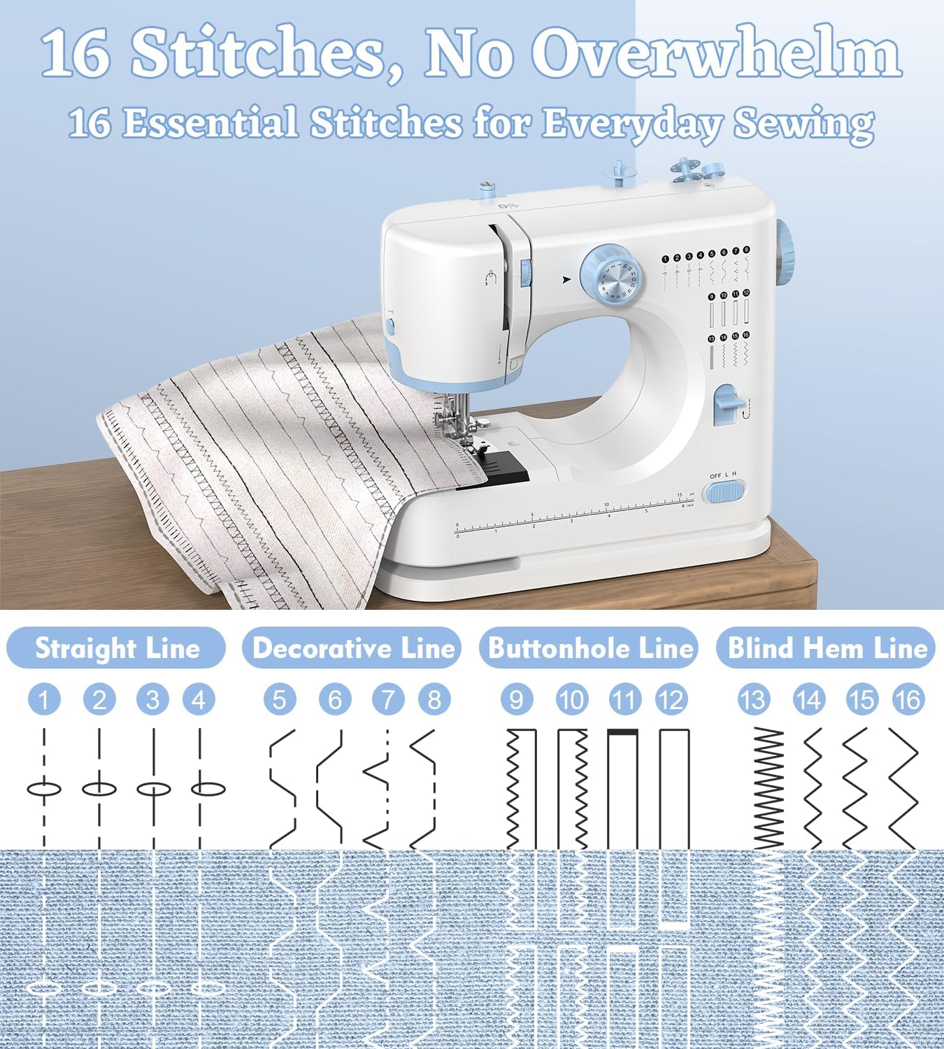 Sewing Machine for Beginners, 16 Built-In Stitches, Small Sewing Machine with Accessory Kit, 2-Speed, Foot Pedal, Storage Drawer, Portable Tabletop Full-Feature Design for Home DIY (Blue) - Image 8