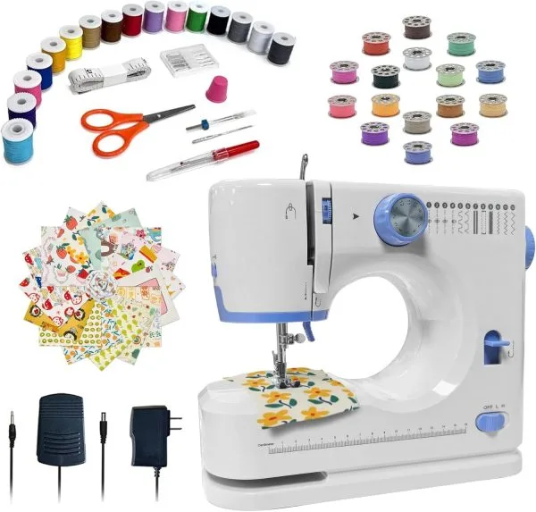 Sewing Machine for Beginners with 20Pcs Fabric & 32Pcs Sewing Threads Kit, Portable Sewing Machine with 12 Built-in Stitches & 2 Speed(High-Low Speeds)-BW725