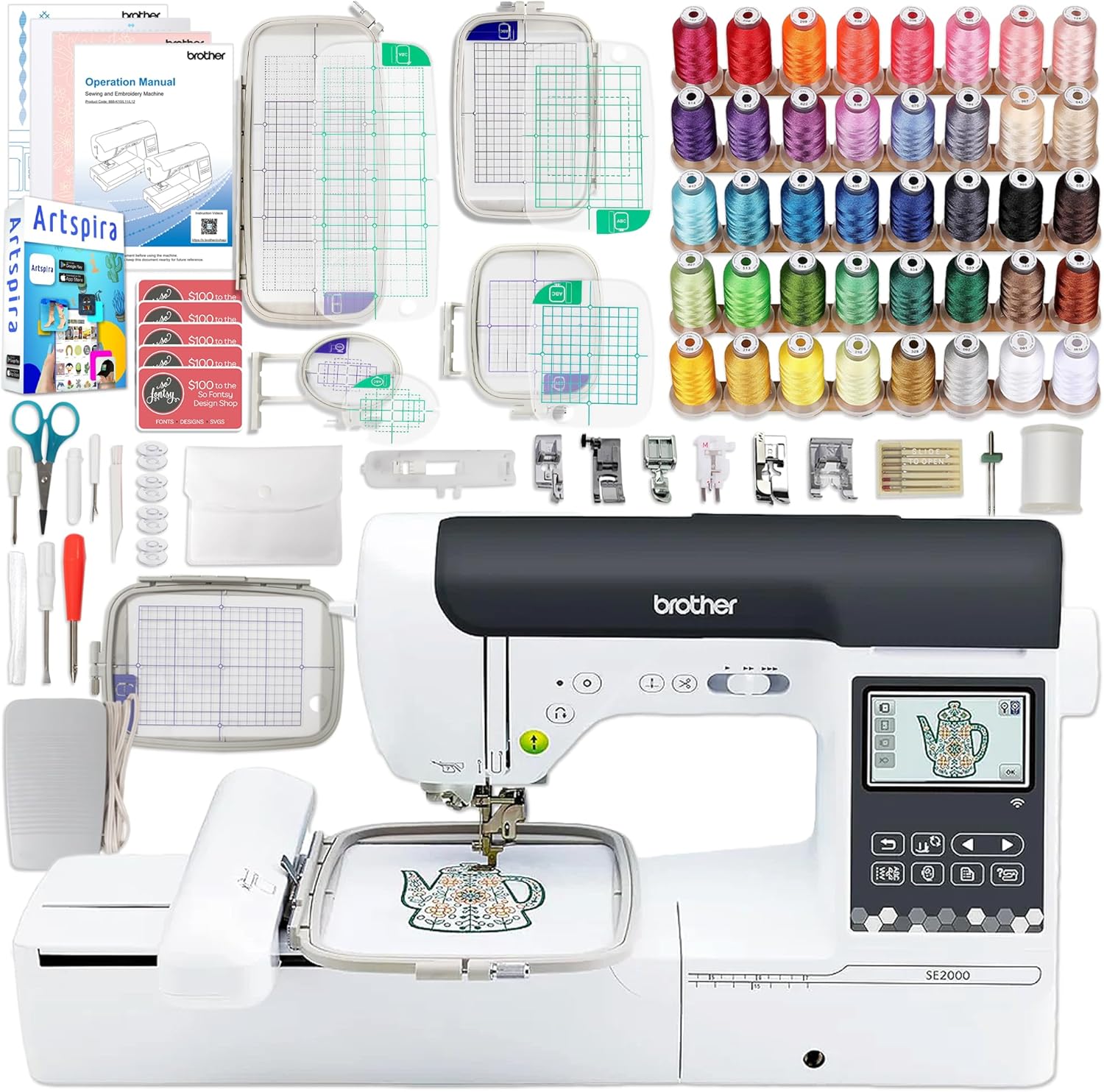 Brother SE2000 5 x 7 Combo Embroidery & Sewing Machine with 5pc Embroidery Hoop Set, Embroidery Threads & Accessories Kit - 1