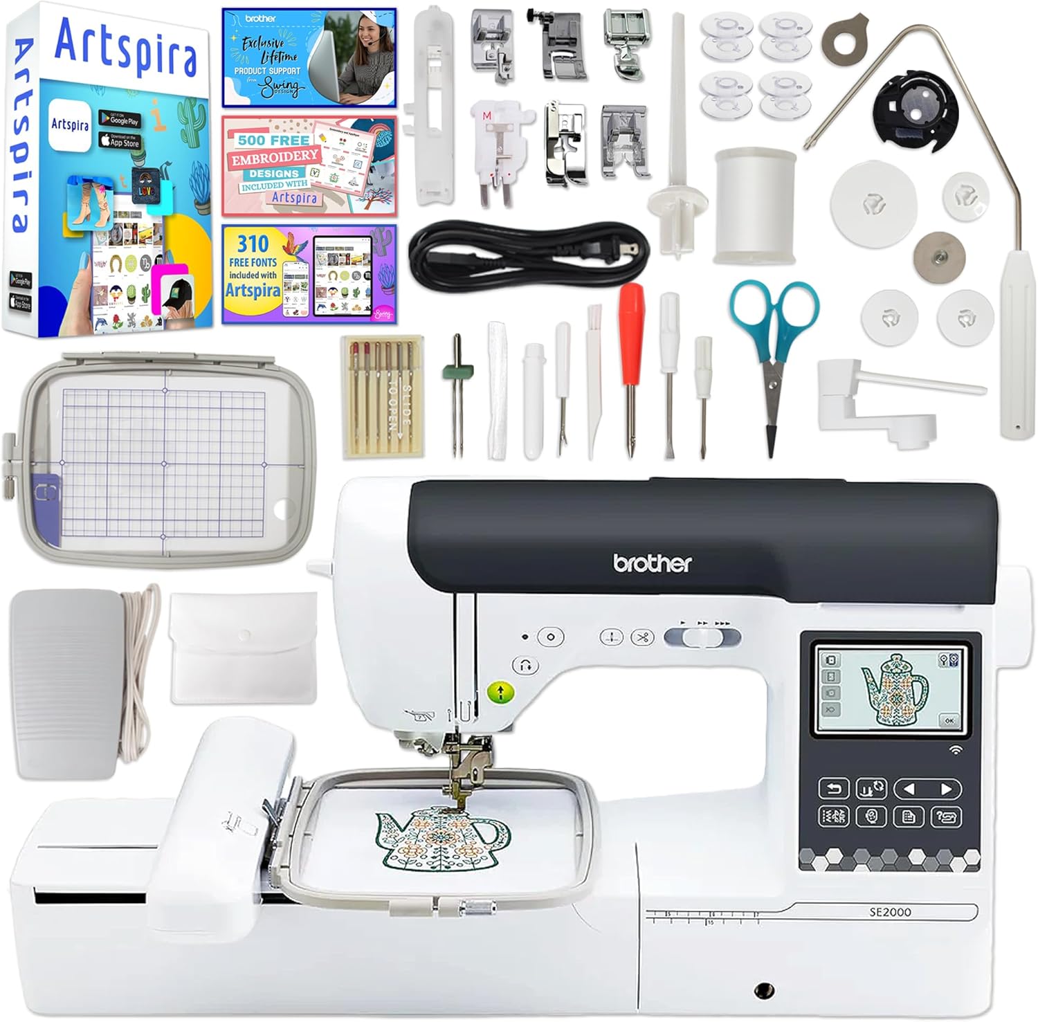 Brother SE2000 5 x 7 Combo Embroidery & Sewing Machine with 5pc Embroidery Hoop Set, Embroidery Threads & Accessories Kit - 2