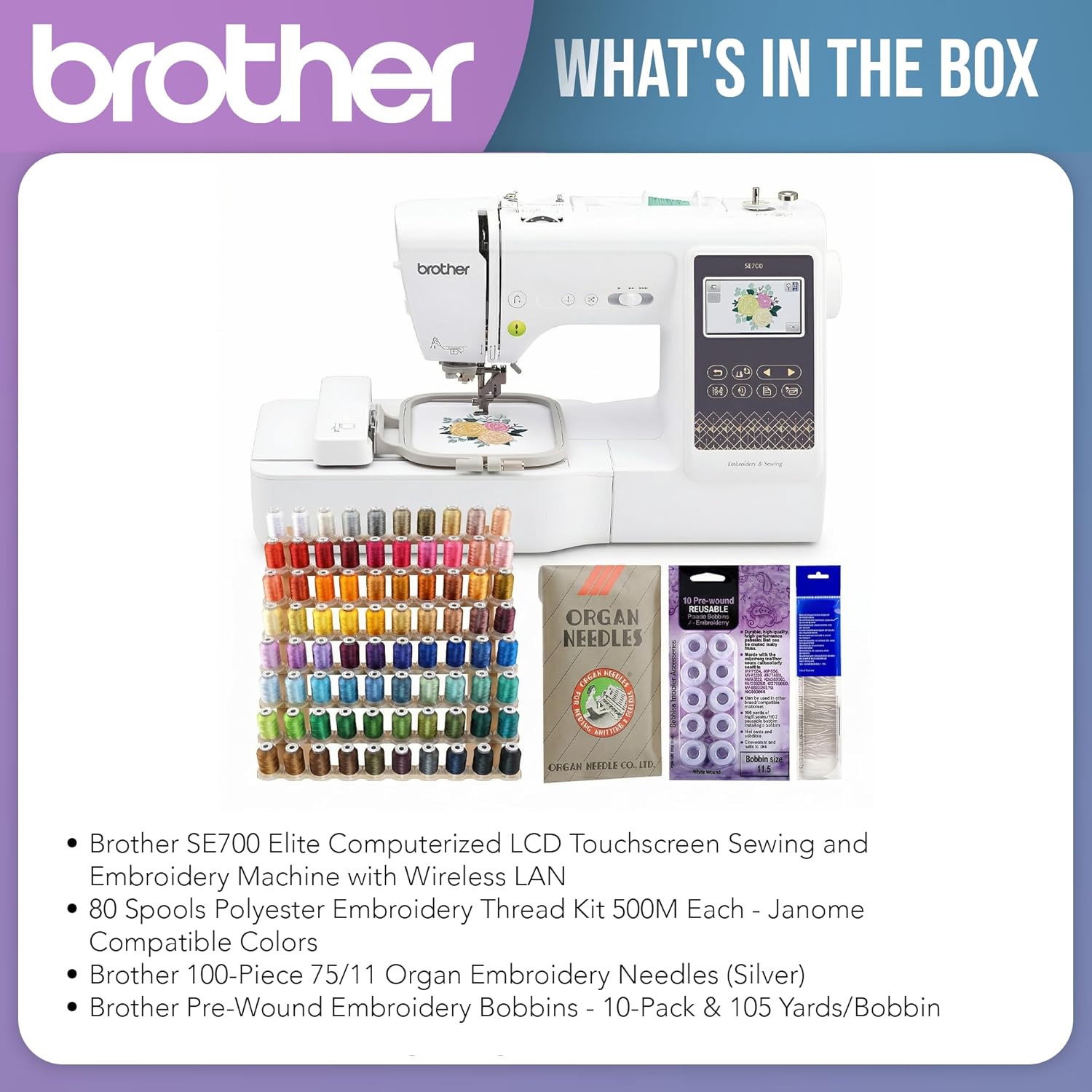 Brother SE700 Sewing and Embroidery Machine with Hoop Area - Touchscreen, USB Port, and Wireless Connectivity - 135 Built-in Designs & 103 Stitches Bundle with Sewing Accessories - 7