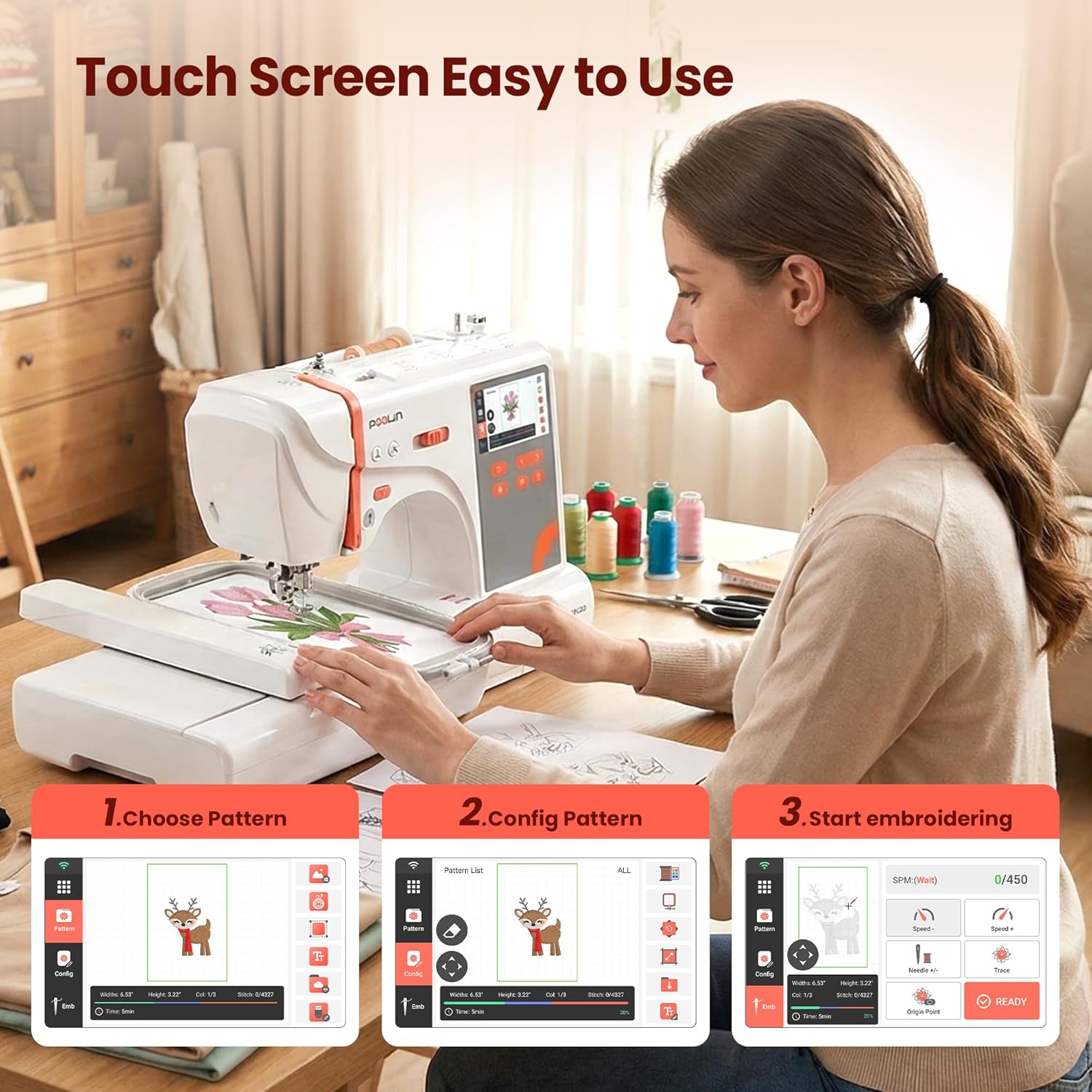 PooLin EOC03 Embroidery Machine 4x4 & 4x9.25 Embroidery Area for Beginners, Easy Operation System, 130 Built-in Designs, 8 Fonts, WiFi Design Transfer, Home DIY Embroidery Machine - 3