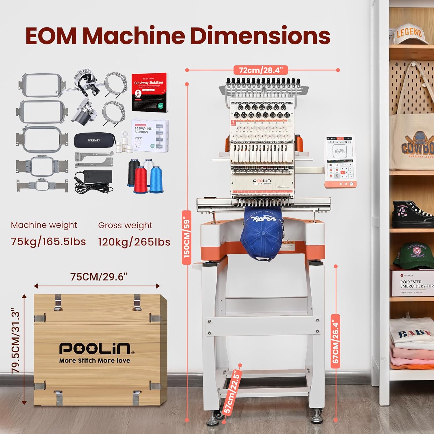 Poolin EOM 15-Needle Commercial Embroidery Machine,14.2x9.5 Large Embroidery Area for Small Business – Built for Hats, Caps & Daily Orders, Auto Color Change & Trim,WiFi-USB Design Transfer - 2