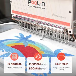 Poolin EOM 15-Needle Commercial Embroidery Machine,14.2x9.5 Large Embroidery Area for Small Business – Built for Hats, Caps & Daily Orders, Auto Color Change & Trim,WiFi-USB Design Transfer - 3