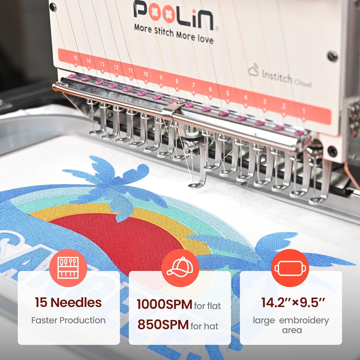 Poolin EOM 15-Needle Commercial Embroidery Machine,14.2x9.5 Large Embroidery Area for Small Business – Built for Hats, Caps & Daily Orders, Auto Color Change & Trim,WiFi-USB Design Transfer - 3