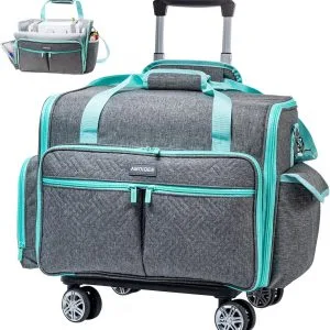 AMOIGEE Full-Open Sewing Machine Case with Wheels, Large Rolling Sewing Machine Bag with Detachable Foldable Dolly, Heavy-Duty Embroidery Tote for Brother Singer Janome Standard Machines Storage