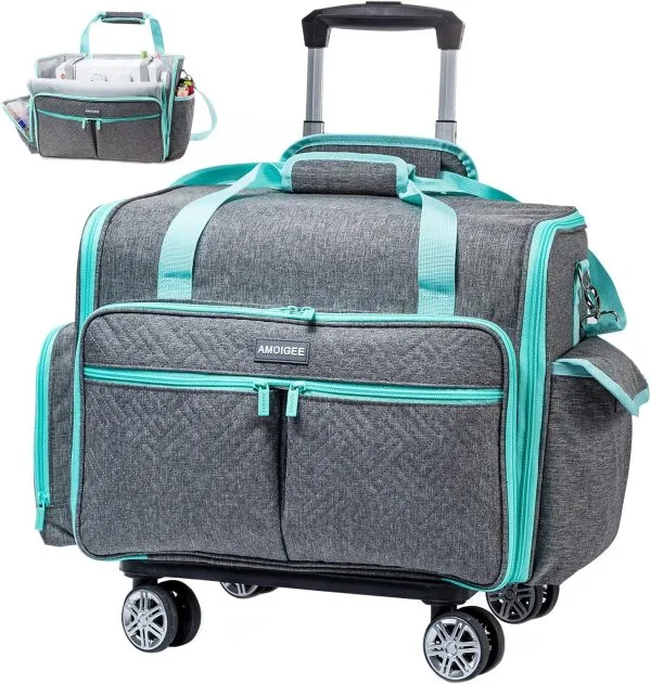AMOIGEE Full-Open Sewing Machine Case with Wheels, Large Rolling Sewing Machine Bag with Detachable Foldable Dolly, Heavy-Duty Embroidery Tote for Brother Singer Janome Standard Machines Storage