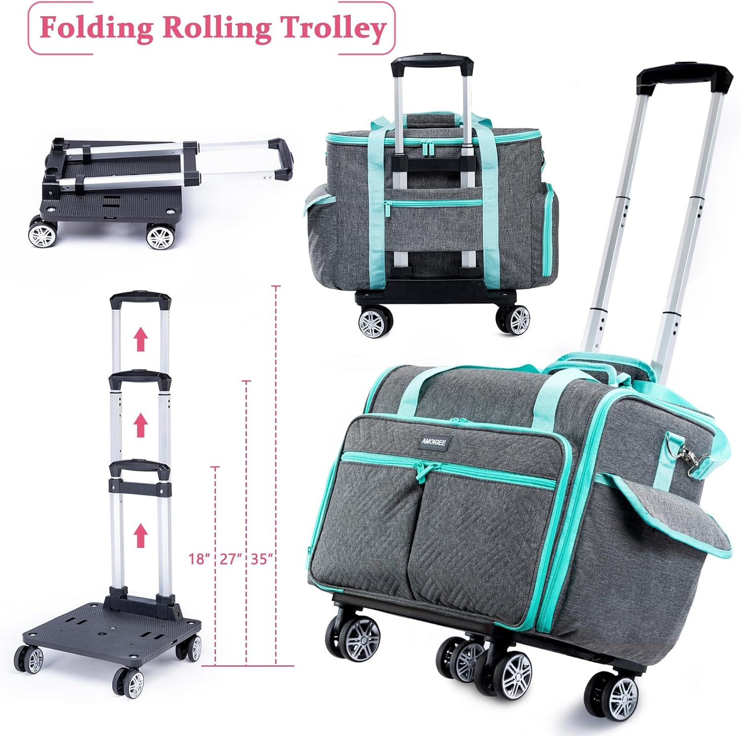 AMOIGEE Full-Open Sewing Machine Case with Wheels, Large Rolling Sewing Machine Bag with Detachable Foldable Dolly, Heavy-Duty Embroidery Tote for Brother Singer Janome Standard Machines Storage - Image 8