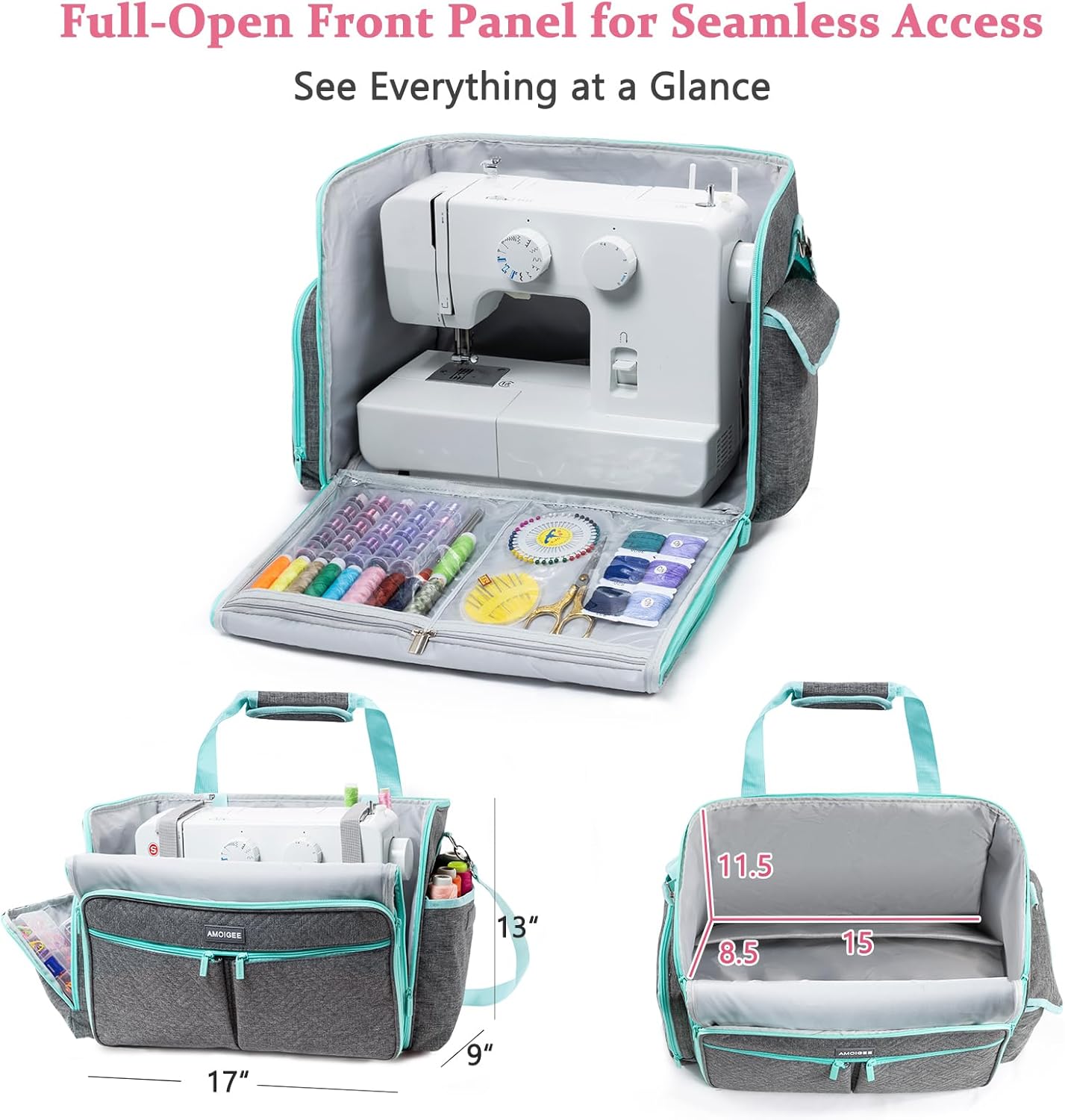 AMOIGEE Full-Open Sewing Machine Case with Wheels, Large Rolling Sewing Machine Bag with Detachable Foldable Dolly, Heavy-Duty Embroidery Tote for Brother Singer Janome Standard Machines Storage - Image 7