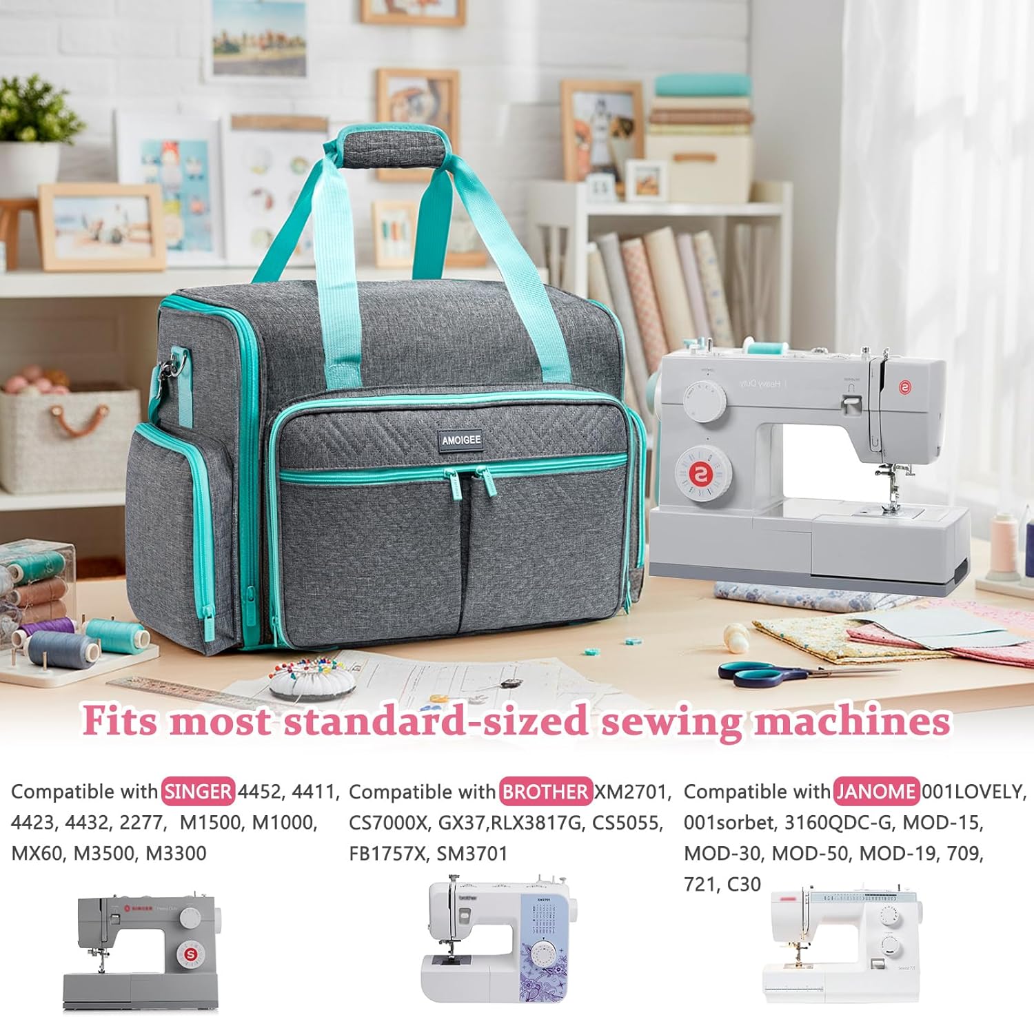 AMOIGEE Full-Open Sewing Machine Case with Wheels, Large Rolling Sewing Machine Bag with Detachable Foldable Dolly, Heavy-Duty Embroidery Tote for Brother Singer Janome Standard Machines Storage - Image 6
