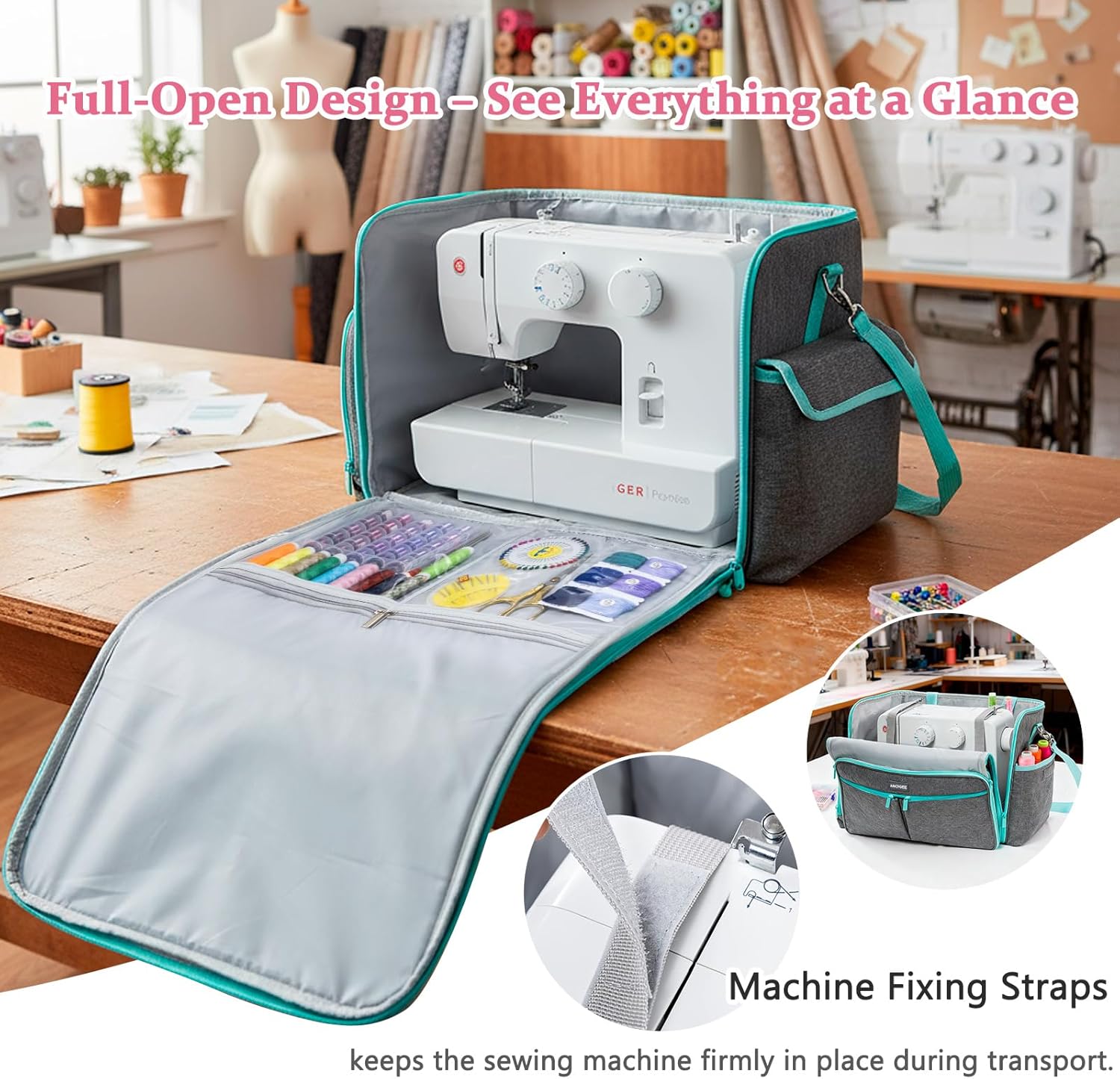 AMOIGEE Full-Open Sewing Machine Case with Wheels, Large Rolling Sewing Machine Bag with Detachable Foldable Dolly, Heavy-Duty Embroidery Tote for Brother Singer Janome Standard Machines Storage - Image 5