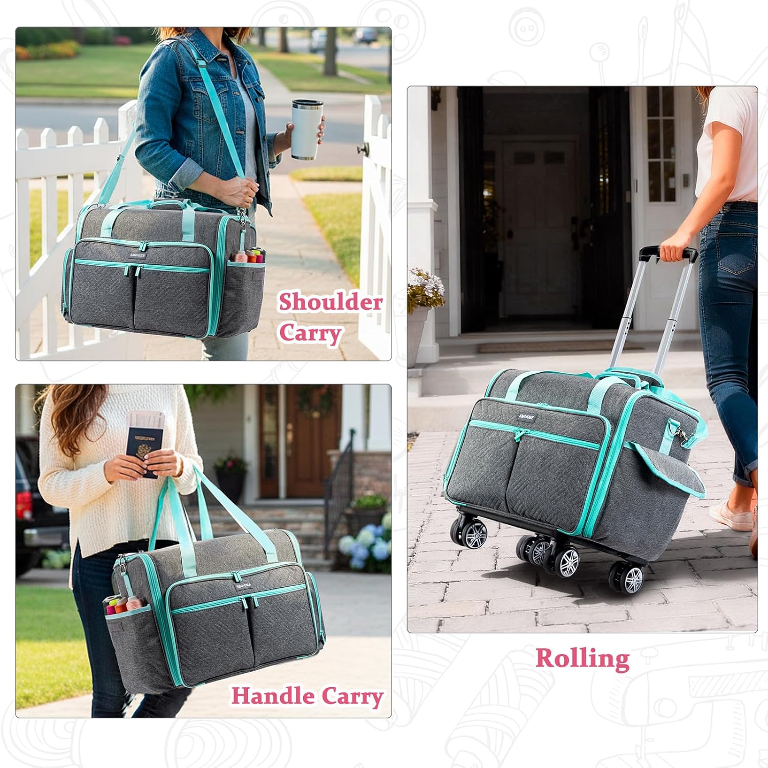 AMOIGEE Full-Open Sewing Machine Case with Wheels, Large Rolling Sewing Machine Bag with Detachable Foldable Dolly, Heavy-Duty Embroidery Tote for Brother Singer Janome Standard Machines Storage - Image 4