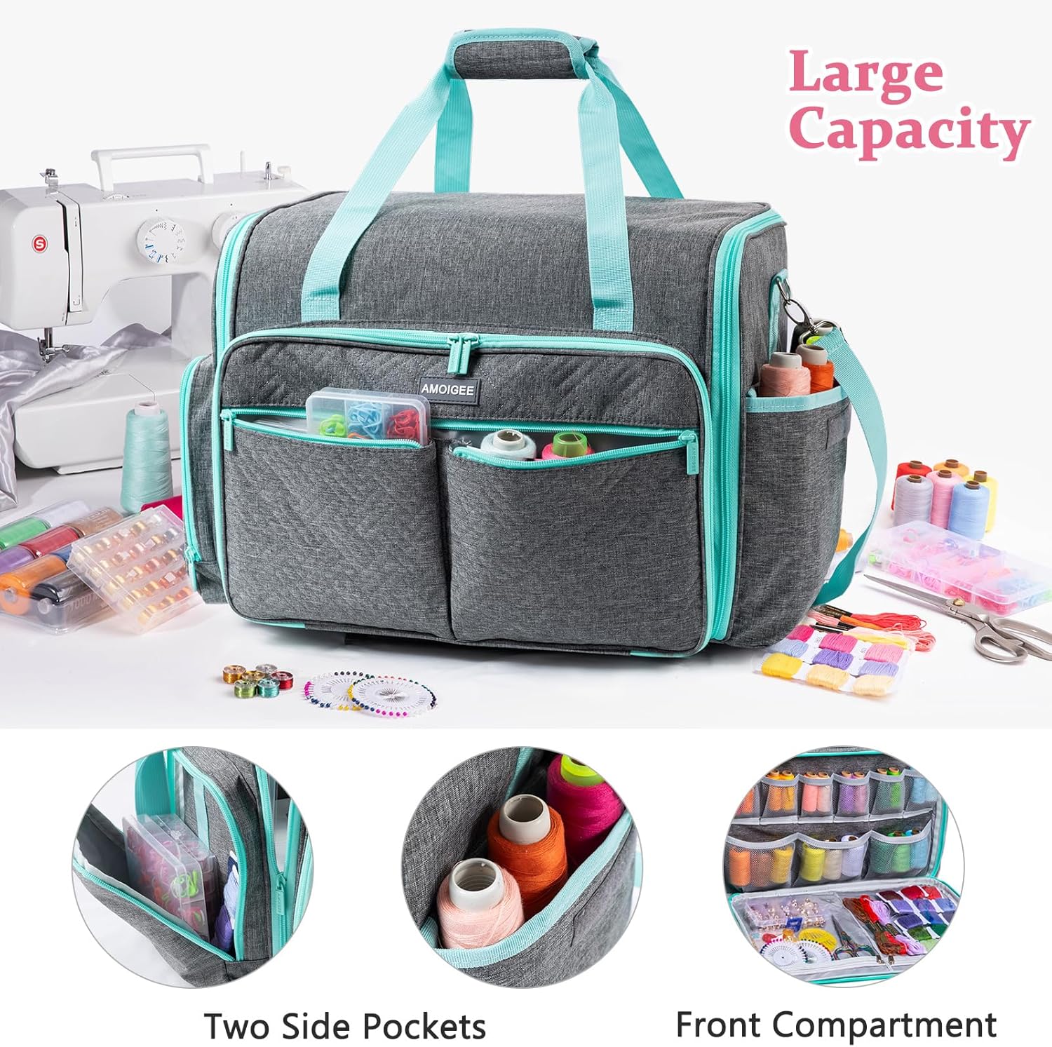 AMOIGEE Full-Open Sewing Machine Case with Wheels, Large Rolling Sewing Machine Bag with Detachable Foldable Dolly, Heavy-Duty Embroidery Tote for Brother Singer Janome Standard Machines Storage - Image 3