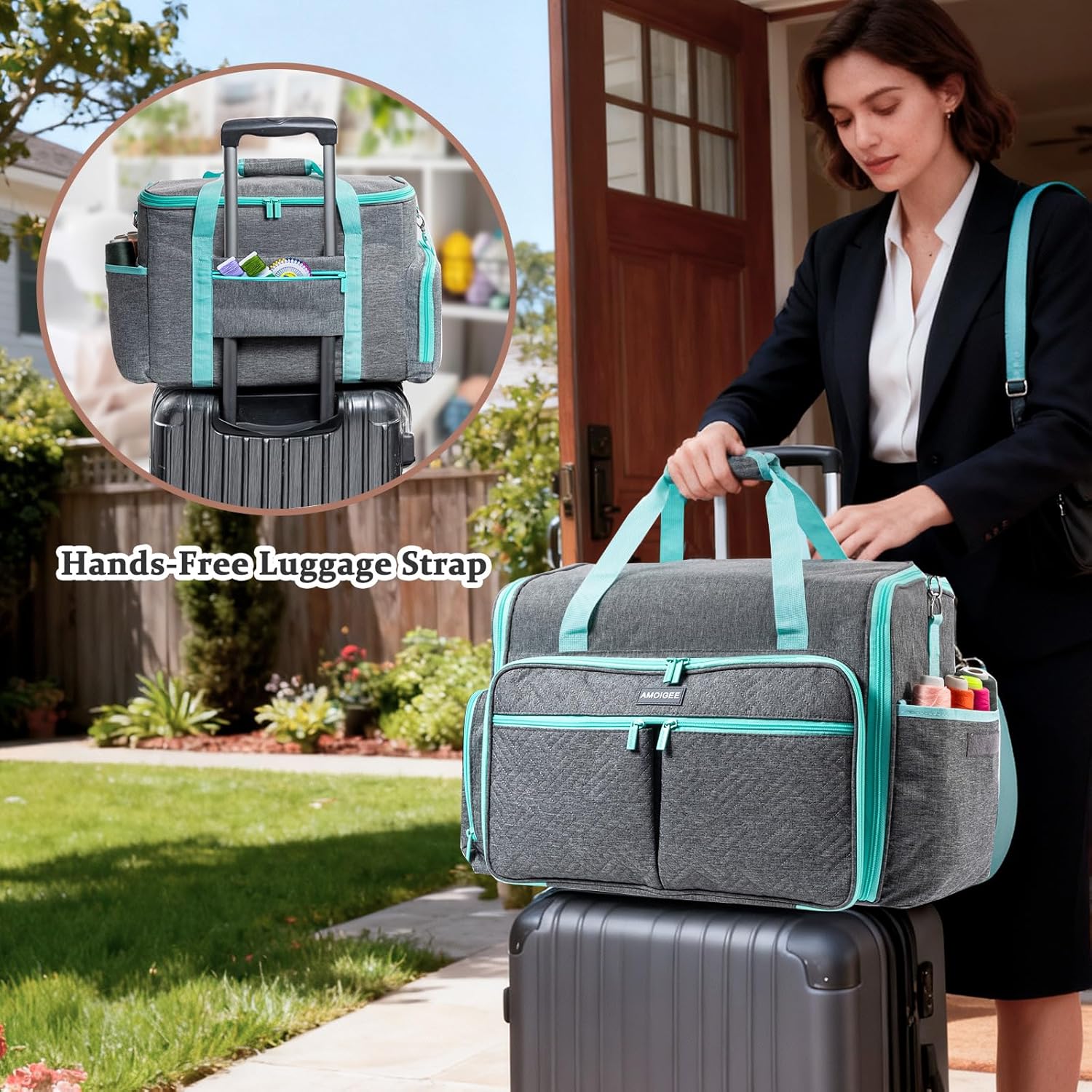 AMOIGEE Full-Open Sewing Machine Case with Wheels, Large Rolling Sewing Machine Bag with Detachable Foldable Dolly, Heavy-Duty Embroidery Tote for Brother Singer Janome Standard Machines Storage - Image 2