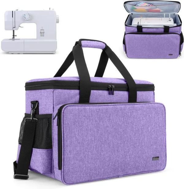 Yarwo Sewing Machine Carrying Case with Thicken Bottom Board, Universal Sewing Machine Tote Compatible with Most Standard Sewing Machine and Accessories, Purple
