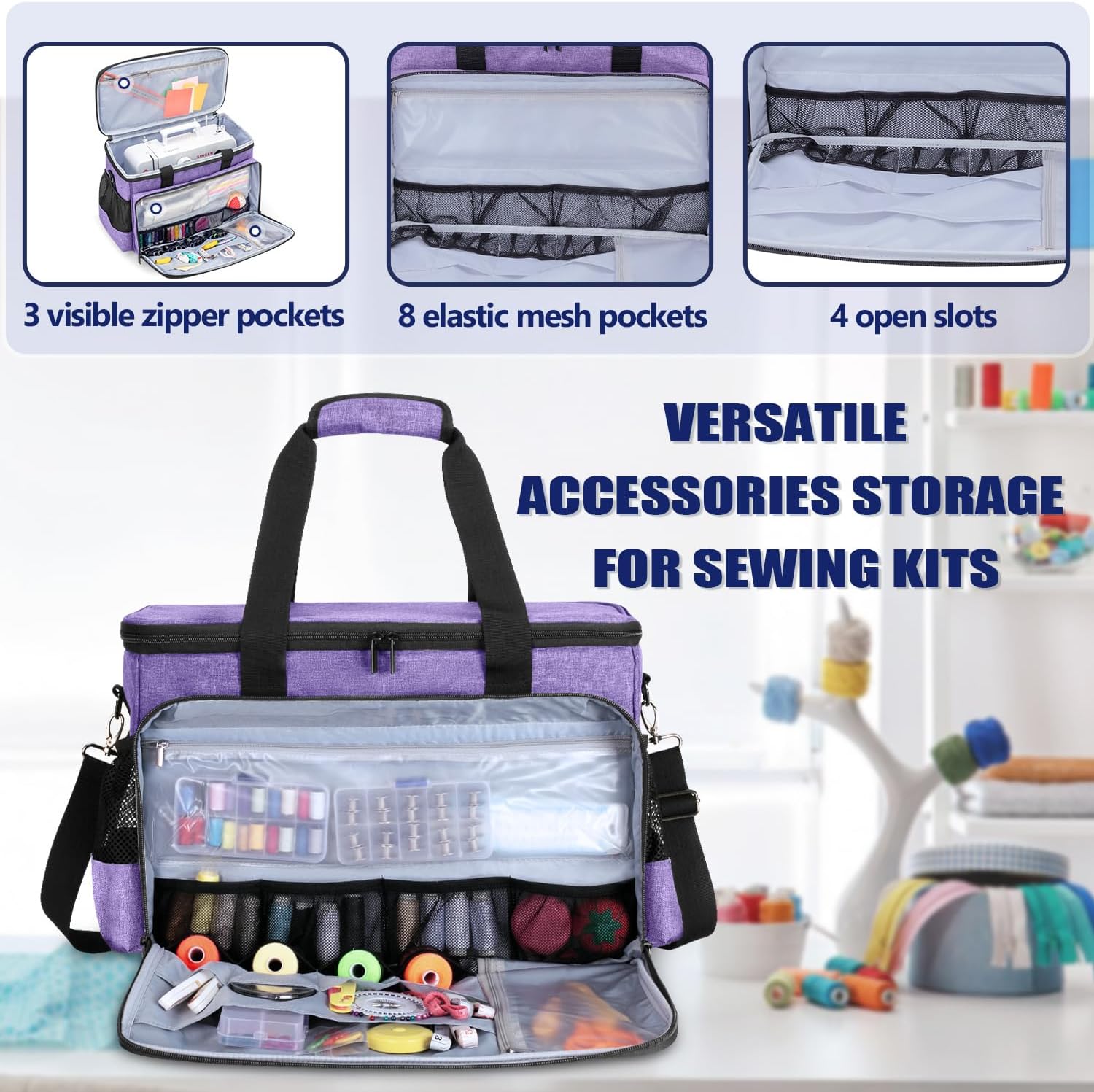 Yarwo Sewing Machine Carrying Case with Thicken Bottom Board, Universal Sewing Machine Tote Compatible with Most Standard Sewing Machine and Accessories, Purple - Image 6