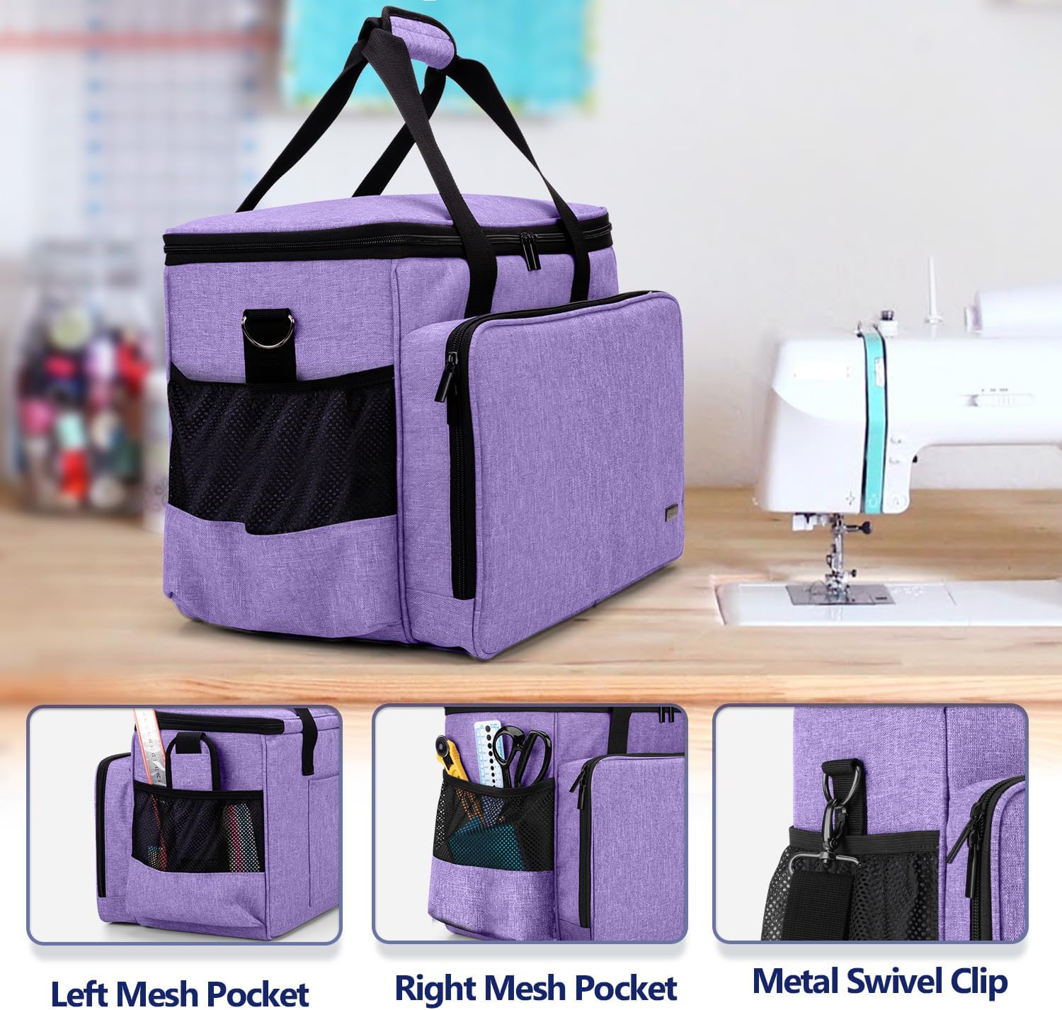 Yarwo Sewing Machine Carrying Case with Thicken Bottom Board, Universal Sewing Machine Tote Compatible with Most Standard Sewing Machine and Accessories, Purple - Image 5