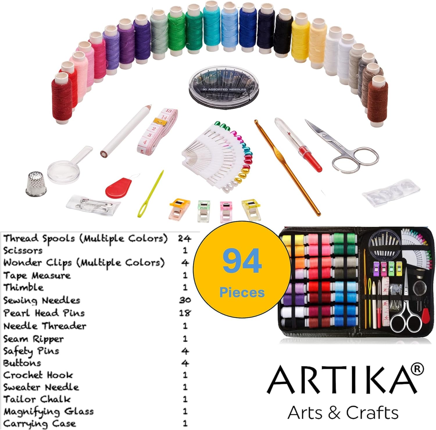 ARTIKA Sewing Kit for Adults and Kids (94 PCS) - Small Beginner Set w/Multicolor Thread, Needles, Scissors, Thimble & Clips - Emergency Repair and Travel Kits - Sewing Accessories and Supplies - Image 9