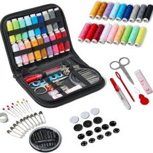 Amazon Basics Portable Travel Sewing Kit for Adults, Includes Threads, Needles, Scissors, Buttons, Thimbles, Measuring Tape, Threader, Seam Ripper and Safety Pins, Black - 1