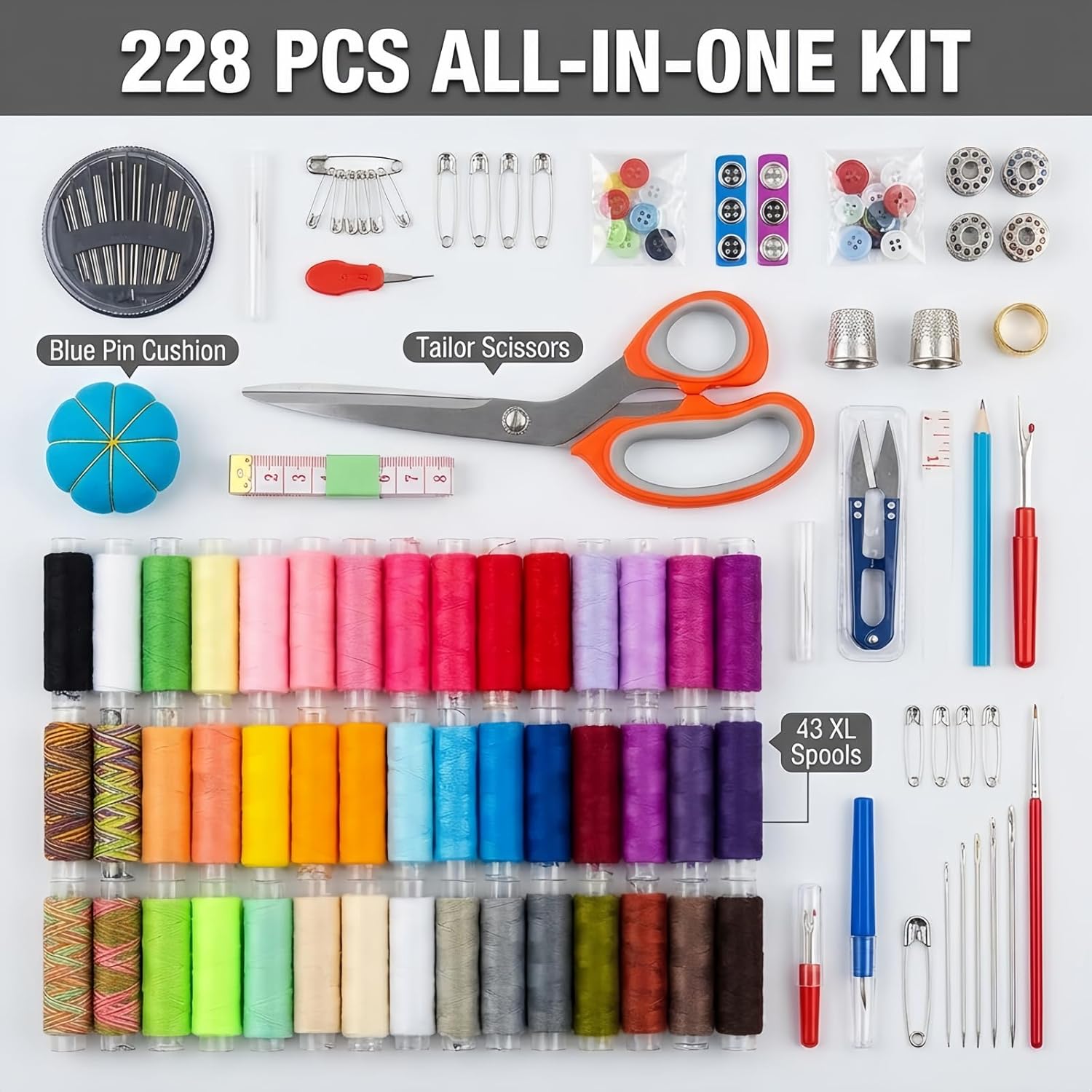 Forypretty Sewing Kit for Adults, 228 PCS Needle and Thread Kit with Tailor Scissors and Accessories, 43 XL Thread Spools, Travel Sewing Kit for Beginners, Oxford Cloth, Gift for Mom Grandma - Image 7