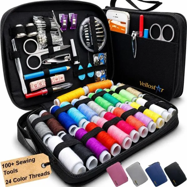 Vellostar Sewing Kit for Adults & Beginners – Portable Needle & Thread Travel Kit w/ 24 Thread Colors, Needles, Scissors & Sewing Supplies for Emergency Clothing Repairs, Buttons, & Home Mending