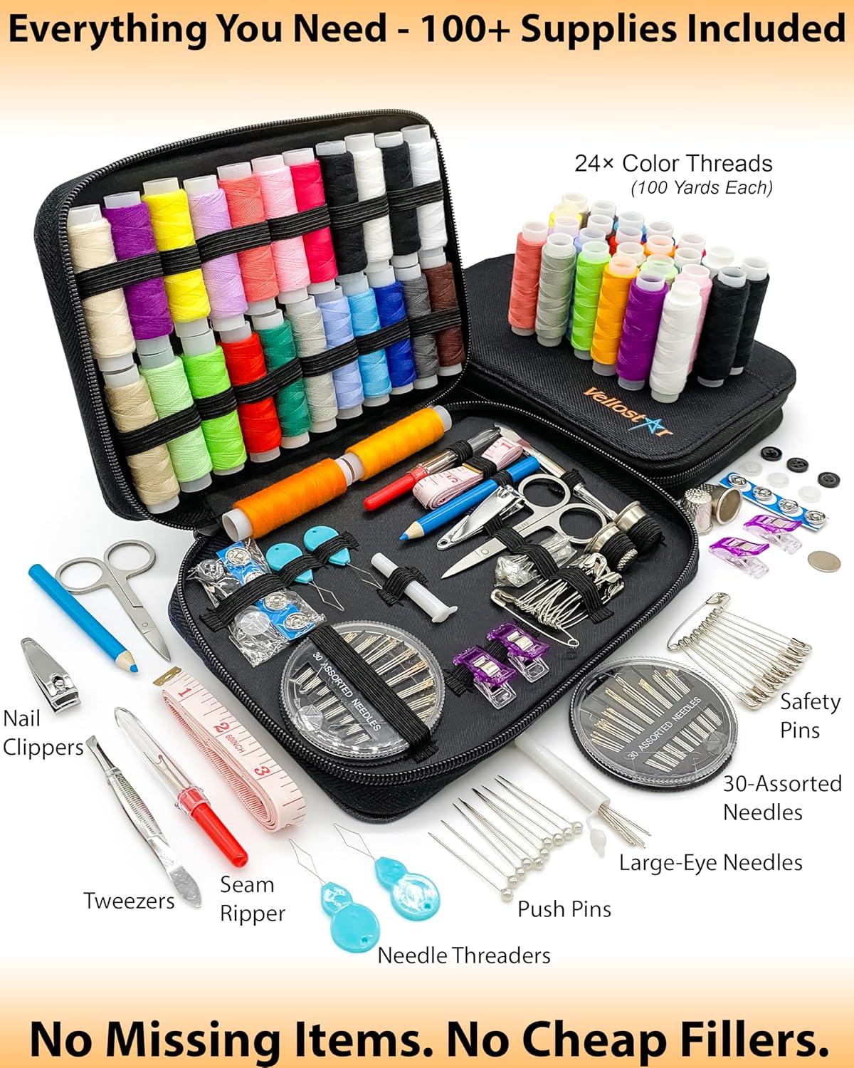 Vellostar Sewing Kit for Adults & Beginners – Portable Needle & Thread Travel Kit w/ 24 Thread Colors, Needles, Scissors & Sewing Supplies for Emergency Clothing Repairs, Buttons, & Home Mending - Image 9