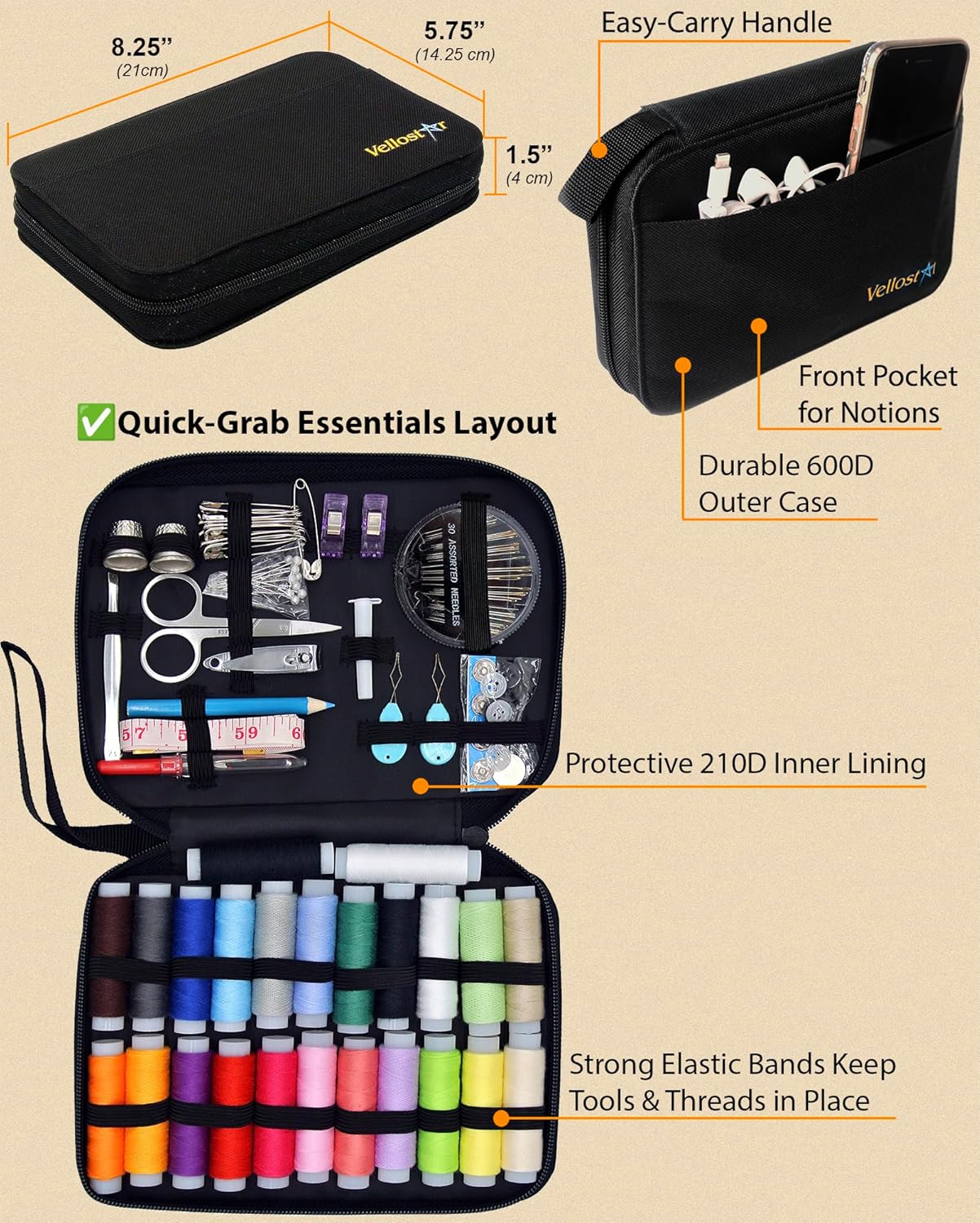 Vellostar Sewing Kit for Adults & Beginners – Portable Needle & Thread Travel Kit w/ 24 Thread Colors, Needles, Scissors & Sewing Supplies for Emergency Clothing Repairs, Buttons, & Home Mending - Image 8